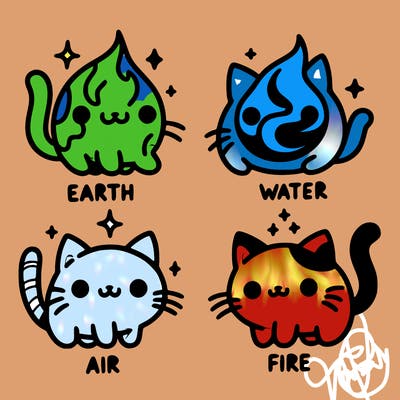 4 cats that represent the different elements, earth, water, air, and fire