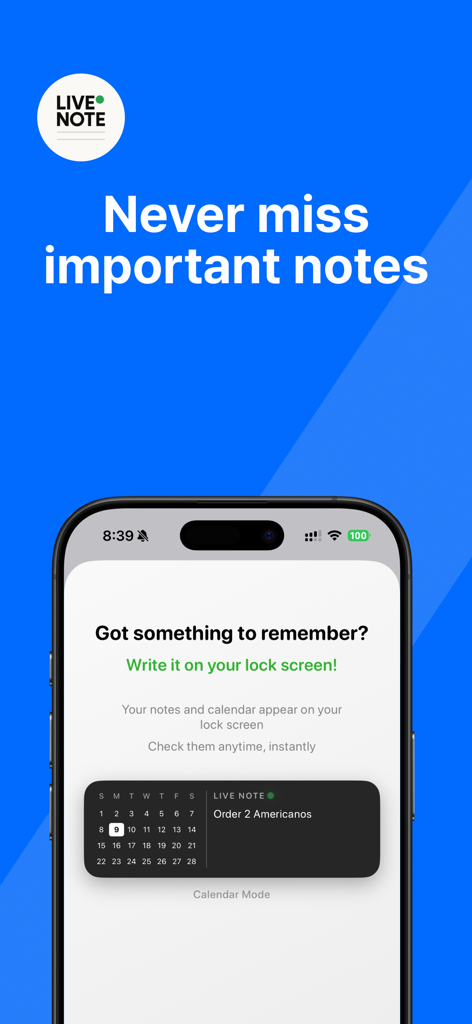 LiveNote: Note on Lock Screen - LiveNote app interface on an iPhone lock screen displaying a note and calendar widget