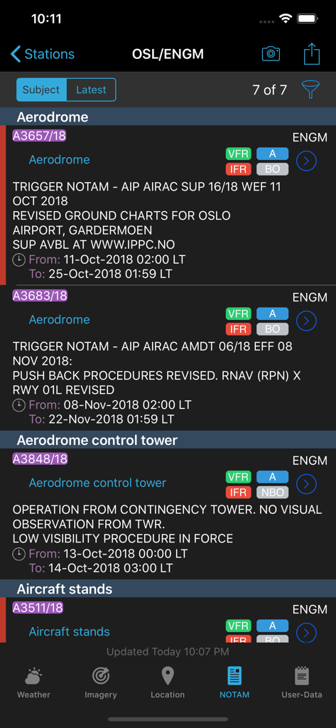 AeroWeather Pro - AeroWeather Pro mobile app screen displaying aviation NOTAMs for Oslo Airport including aerodrome and control tower alerts