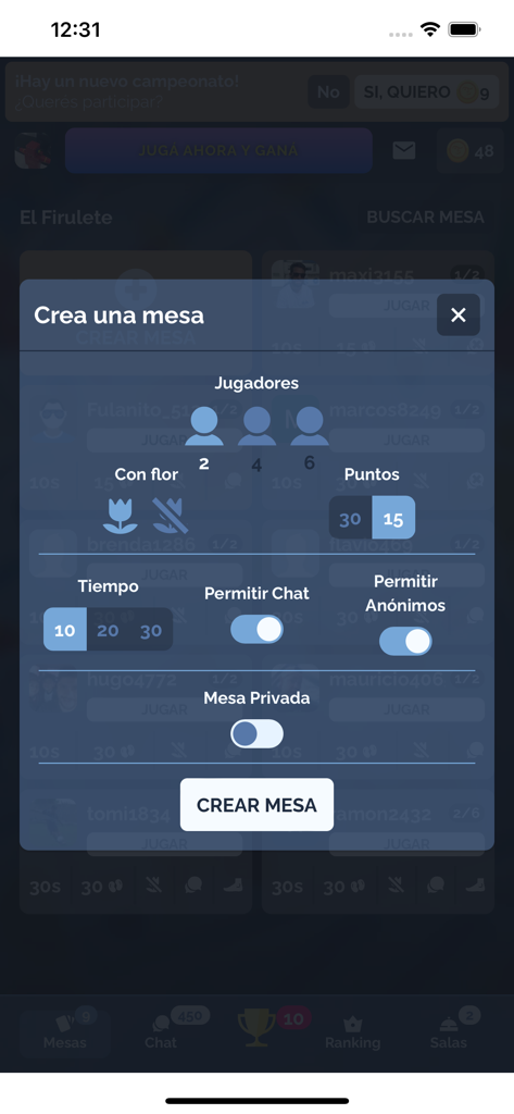 Gran Truco Argentino - Menu for creating a custom game table in the Gran Truco Argentino mobile app showing player and rule settings