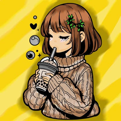 manga girl drinking boba in cozy sweater