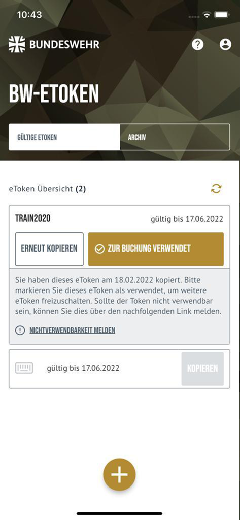 Bw-eToken App-Bildschirm, der eine Liste gültiger digitaler Bahnreise-Tokens für Militärpersonal anzeigt