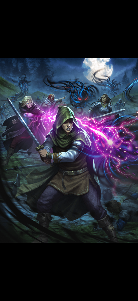 A group of diverse fantasy heroes using magic and swords to fight shadow monsters under a full moon.