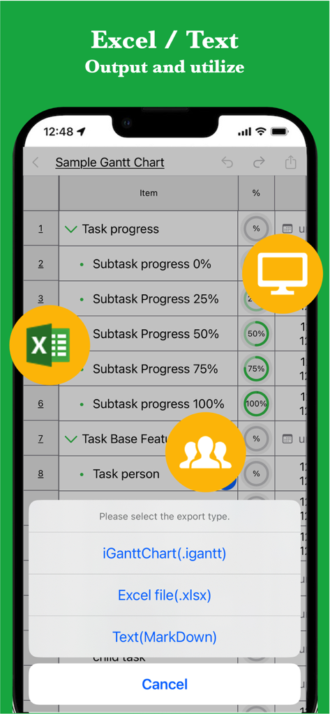 iGanttChart: Gantt Chart App - iGanttChart mobile app showing options to export project data to Excel and MarkDown.