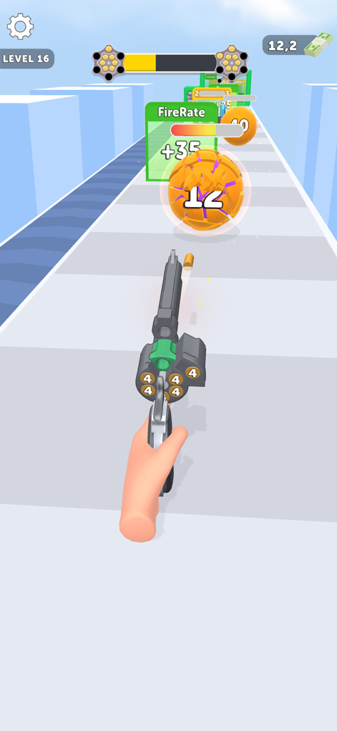 A first-person view of Revolver Rush gameplay showing a hand shooting a multi-barrel gun at fire rate upgrade gates on a running track.