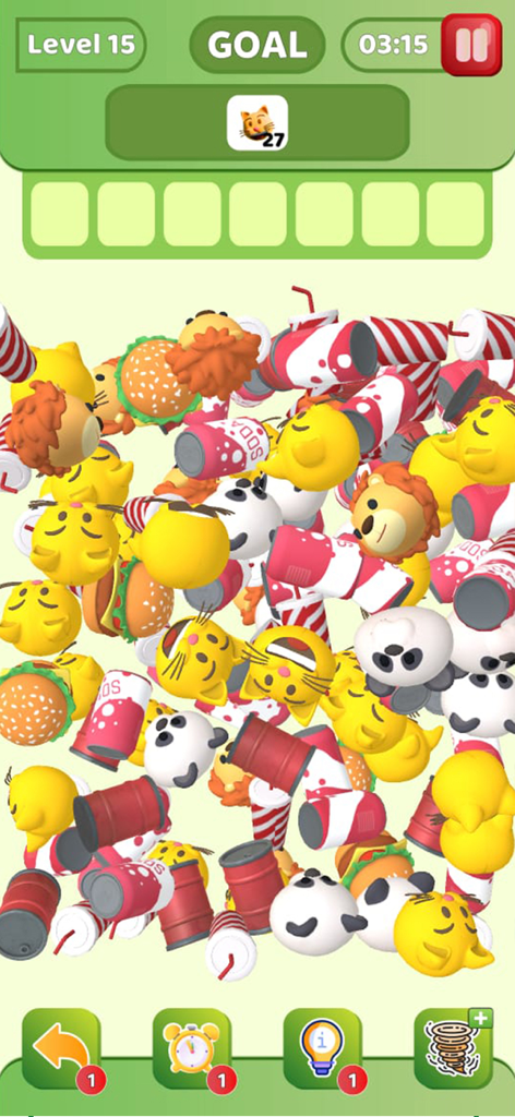 Triple Match 3D Toy Blast Game - Pantalla de juego de Triple Match 3D Toy Blast mostrando una pila de juguetes 3D como hamburguesas y caras de animales para organizar y combinar.