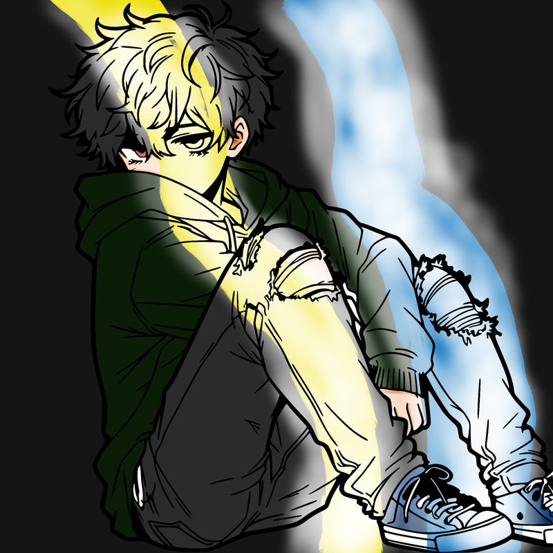 a male hoddie ripped jeans messy hair anime