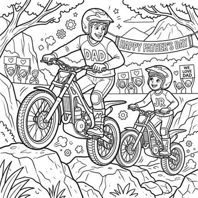Get ready to celebrate Father's Day with an exhilarating trials riders coloring page! This scene captures a heroic father and son duo navigating a challenging obstacle course on their motorcycles, perfect for bringing to life with vibrant colors.