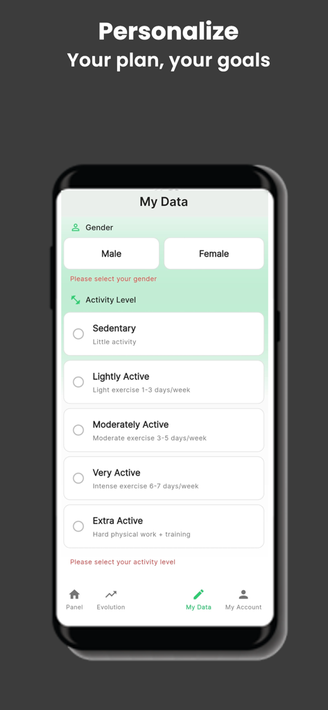 CalMind - AI Calorie Tracker - CalMind app interface for selecting gender and activity level to personalize health goals