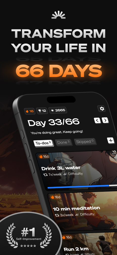 Life Reset: 66 Day Habit - Life Reset app dashboard on an iPhone displaying a 66-day habit challenge with tasks for water intake and meditation
