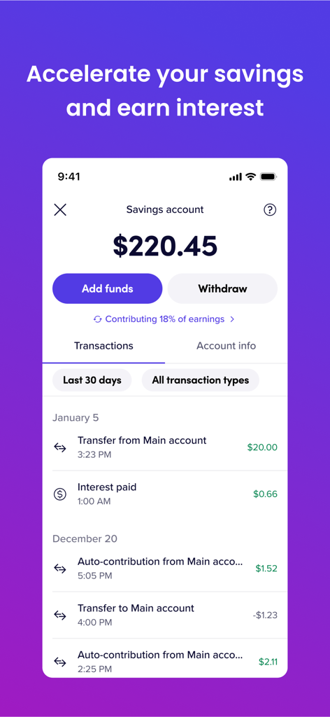 Lyft Direct app savings account interface showing balance and transaction history