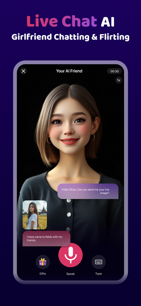 SweetTalk: Your AI Girlfriend - Interfaz de la aplicación móvil SweetTalk para chatear en vivo y coquetear con una novia IA