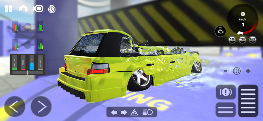 Beam Drive Crashes Original 3D - A lime green car getting crushed by a heavy metal bar in a realistic physics simulation game