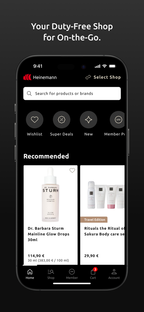 Heinemann app home screen showing luxury skincare and duty free shopping categories