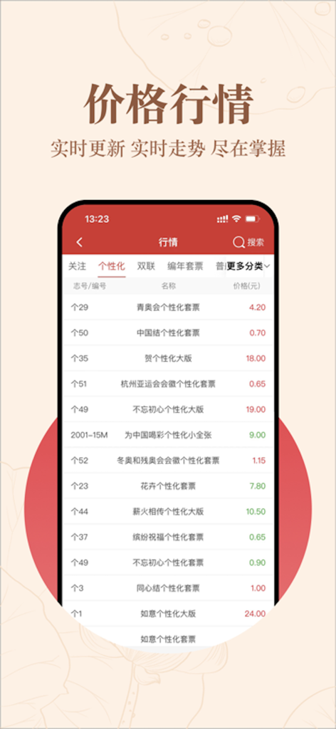 邮宝 - Youbao app interface displaying a list of real time market prices for collectible Chinese stamps and coins