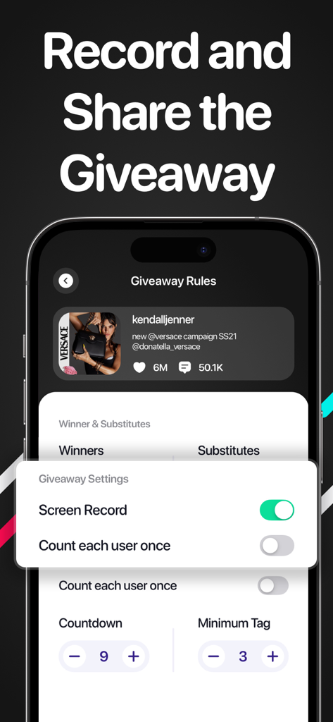 Giveaway Picker by Tikprize - A mobile interface for the Tikprize giveaway picker showing screen recording settings and rules for selecting contest winners.