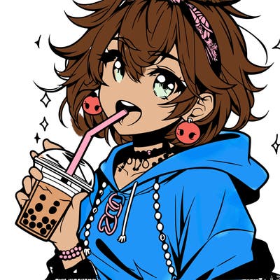 hot baddie anime girl drinking boba and biting the straw