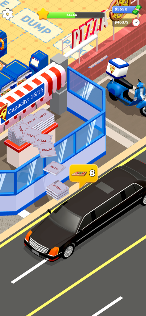 Idle Pizza Restaurant Tycoon - Idle Pizza Restaurant Tycoon gameplay showing a black limousine receiving a pizza delivery in front of the shop
