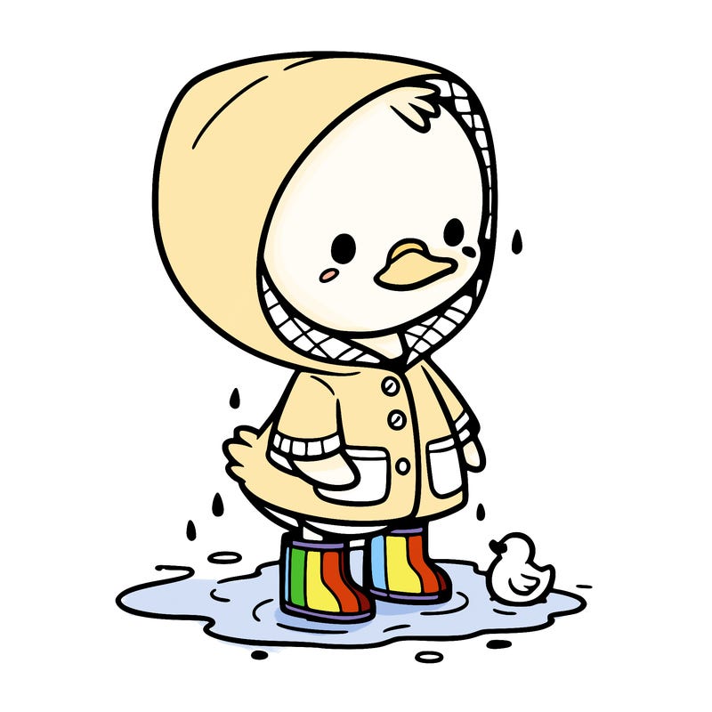 baby duck in a rain coat and boots, in a puddle while it’s raining