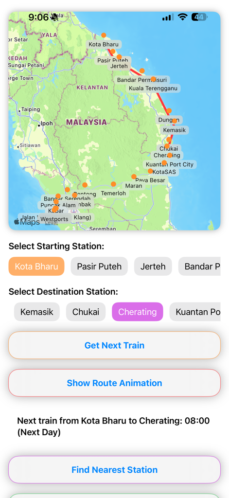 EGK ECRL Map - A screenshot of the EGK ECRL Map app interface showing station selection buttons and a geographic map with rail station markers in Malaysia