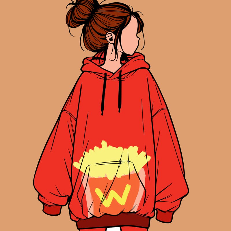 realistic girl with a oversized sweatshirt on and a bun