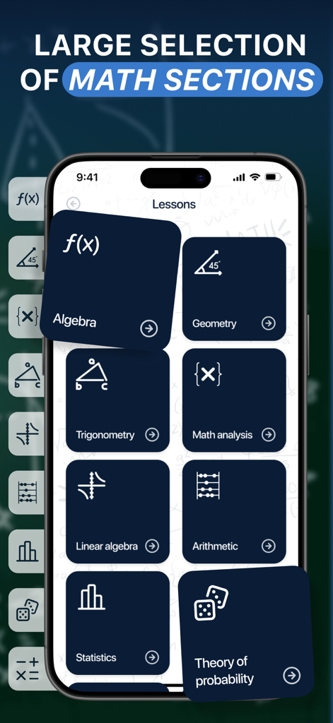 Interfaz de la aplicación Asistente Matemático IA que muestra una selección de materias de matemáticas, incluyendo Álgebra y Geometría
