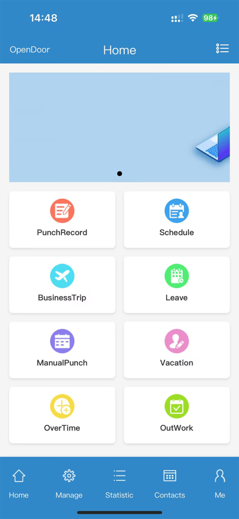 Smart Cloud Platformモバイルアプリのホーム画面。勤怠および管理アイコンが表示されています。