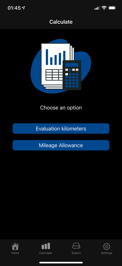 Car Log book App - Car Log book App calculation screen showing options for evaluation and mileage allowance