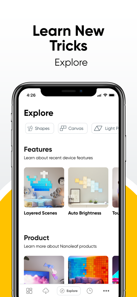 Nanoleaf - Nanoleaf app Explore screen showing smart lighting features and product information on an iPhone.
