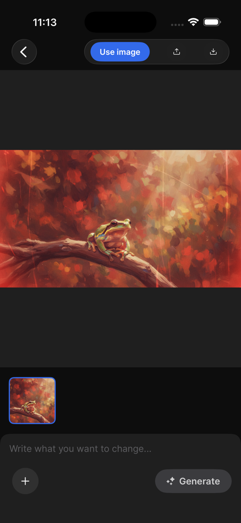 Freepik AI: Video Generator - Freepik AI app interface showing an AI generated image of a frog on a branch with an image editing prompt box