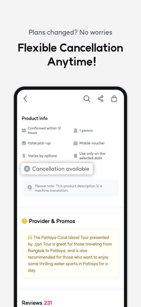 WAUG - Explore MORE. - WAUG mobile app screen showcasing flexible cancellation policies and product booking information for travel experiences