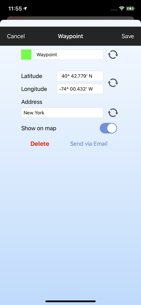 GPS & Maps: Location Tracker - Interfaz para editar nombres de waypoints y coordenadas GPS.