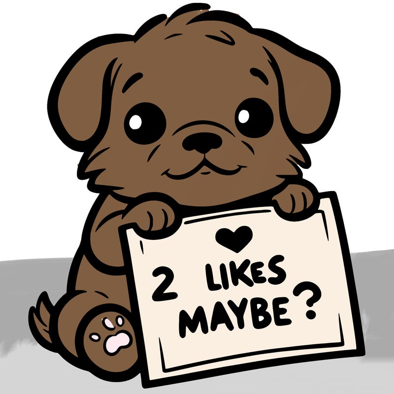 a puppy holding a sign that says 2 likes maybe?
