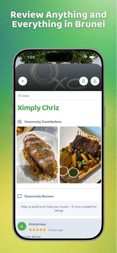 Interfaz de la aplicación Yibi que muestra reseñas de restaurantes y fotos de comida de la comunidad de Brunéi