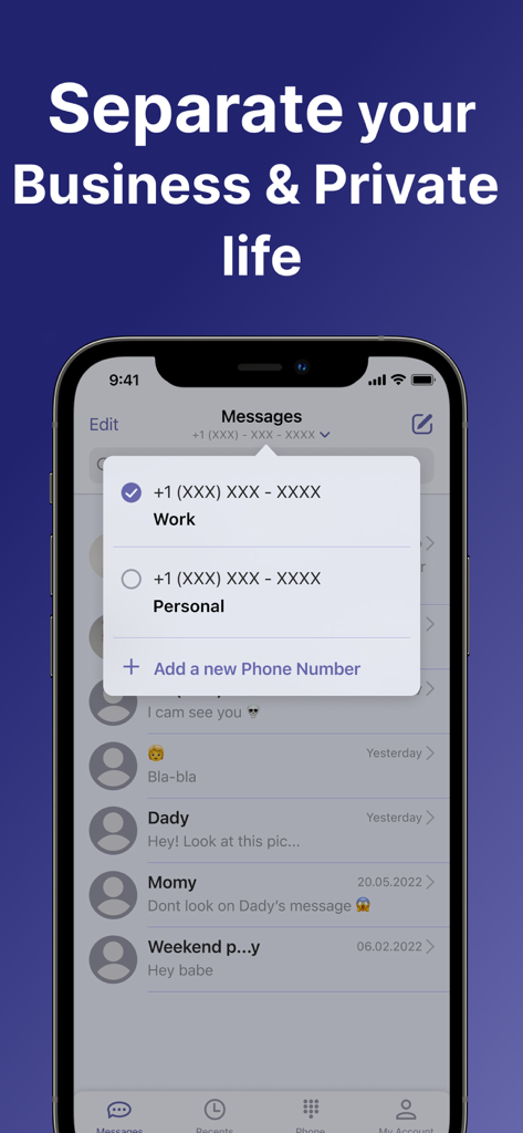 Interface do iPhone mostrando um usuário alternando entre números de telefone de trabalho e pessoais para separar negócios e vida privada.