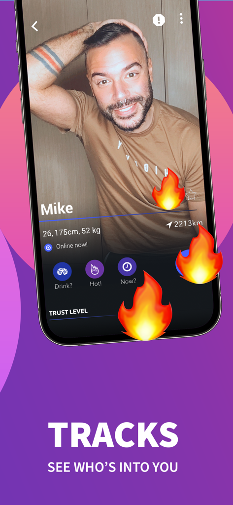 Wapo: Gay Dating App for Men - A profile on the Wapo gay dating app showing the tracks feature to see who is interested.