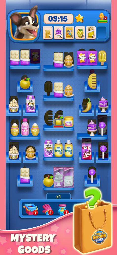 Juego de puzzle Triple Goods Sort con la función de artículos misteriosos.