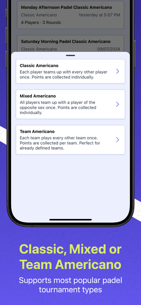 Schermata di selezione per i formati del torneo di padel Americano Misto Classico e a Squadre