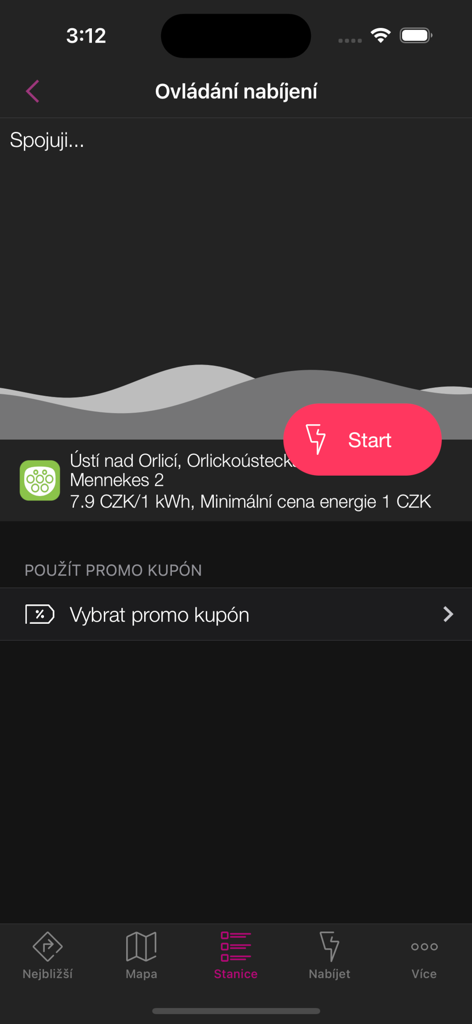Interface of the innogy Charge app showing a red Start button and pricing for an EV charging station.