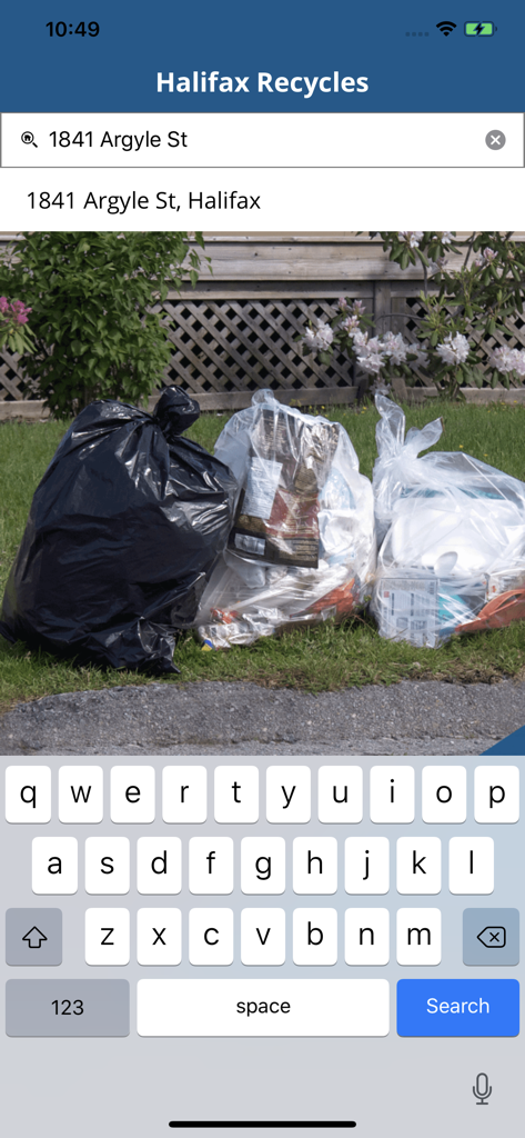 Halifax Recycles app screen for entering a home address to view collection schedules