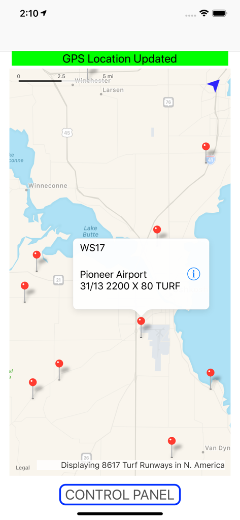 Airport Runway Finder - Interfaccia mappa dell'app Airport Runway Finder che mostra località di piste erbose in Nord America con dettagli per il Pioneer Airport.