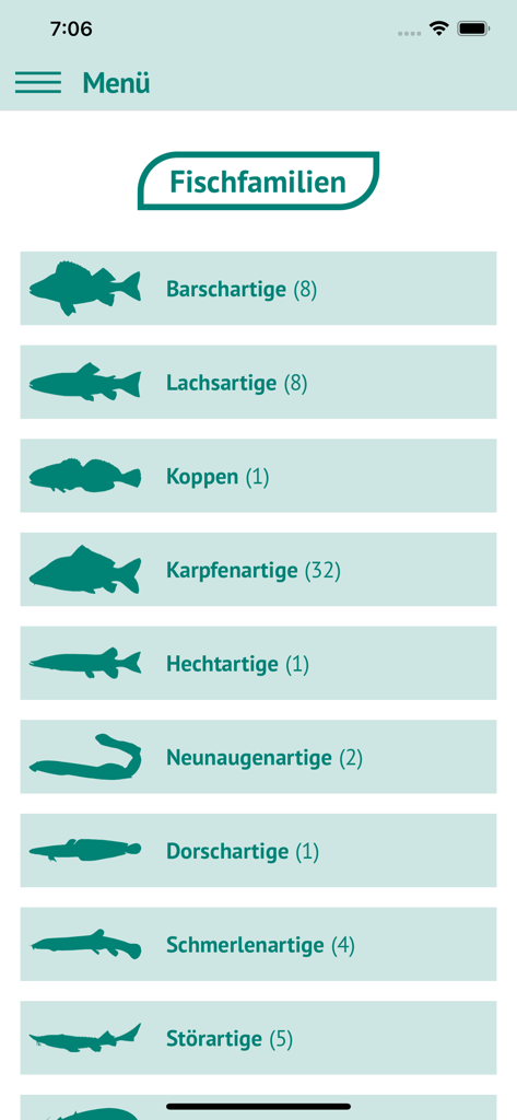 Fische OÖ - Schonbestimmungen - Mobile app menu showing a list of fish families with silhouette icons and species counts