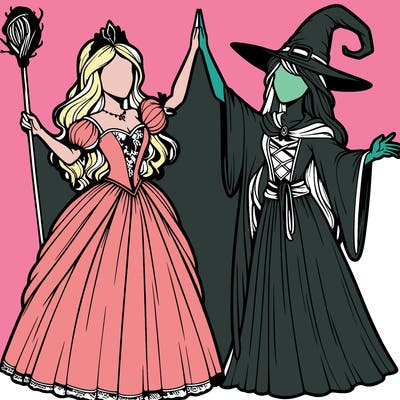 detailed realistic split of a princess and a witch