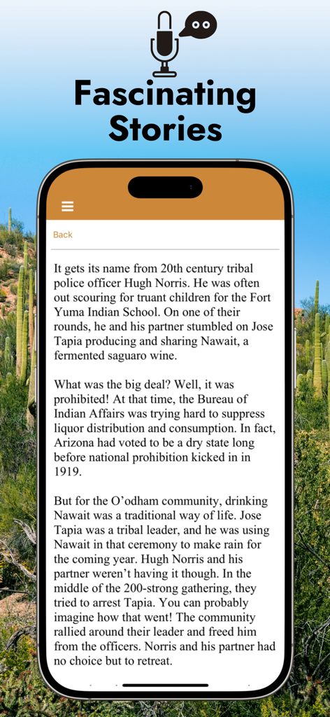 Saguaro National Park Guide - Saguaro National Park Guide app screen displaying fascinating historical stories