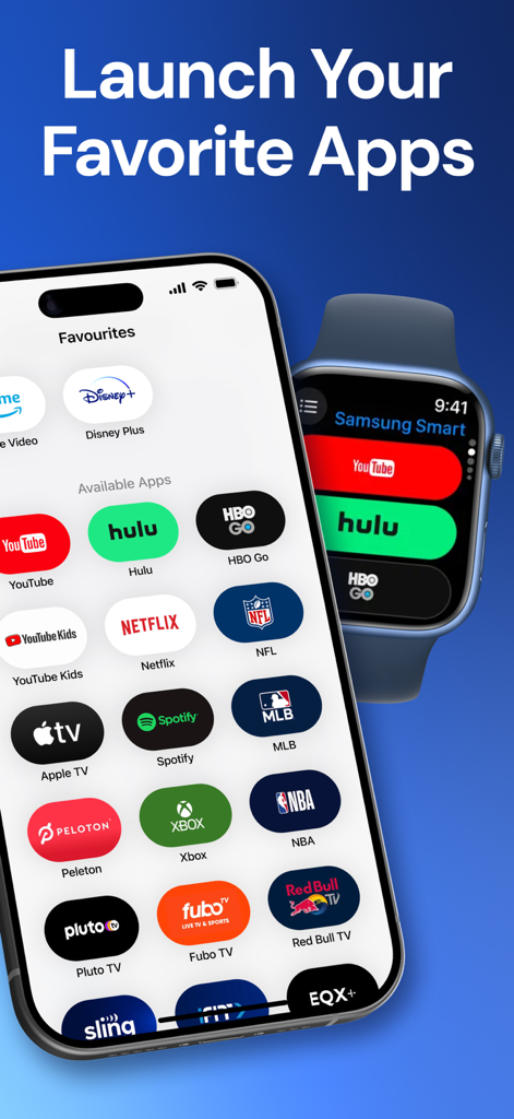 Universal Remote Control TV ・ - La app de mando a distancia universal para TV muestra una selección de aplicaciones de streaming en la interfaz del iPhone y el Apple Watch