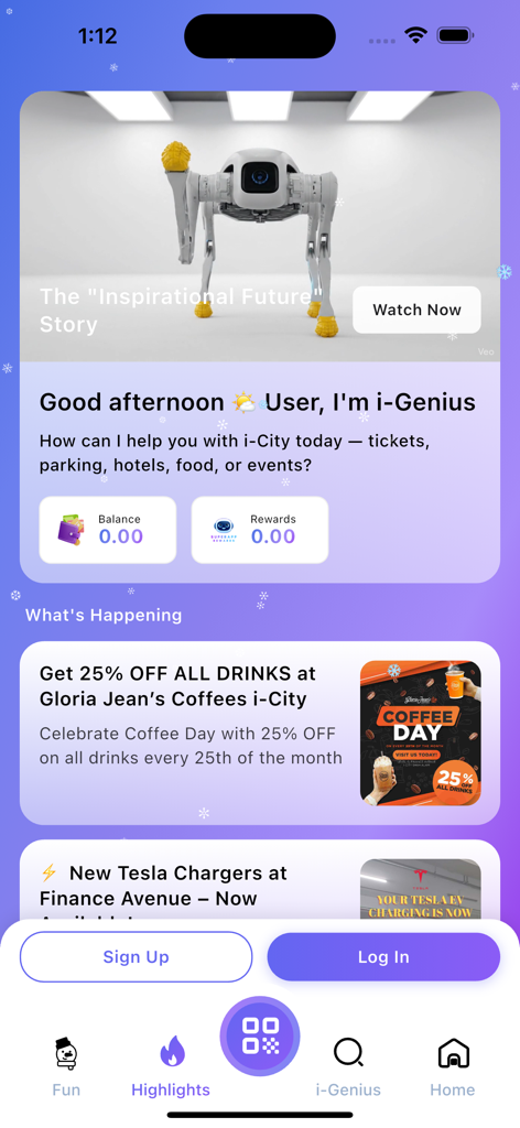 i-City SuperApp - i-City SuperApp dashboard showing the i-Genius assistant and local promotions
