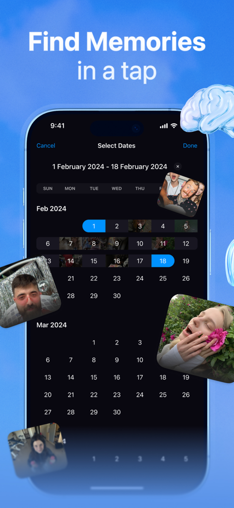 KeepClean AI: Storage Cleaner - Interface de l'application KeepClean AI montrant une vue calendrier pour sélectionner des dates et trouver des photos et des souvenirs