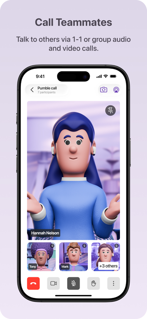 Interface de uma videochamada em grupo no aplicativo Pumble mostrando avatares de múltiplos participantes