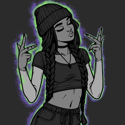 realistic teenage girl with braids and a beanie and crop top doing 🫶🏼