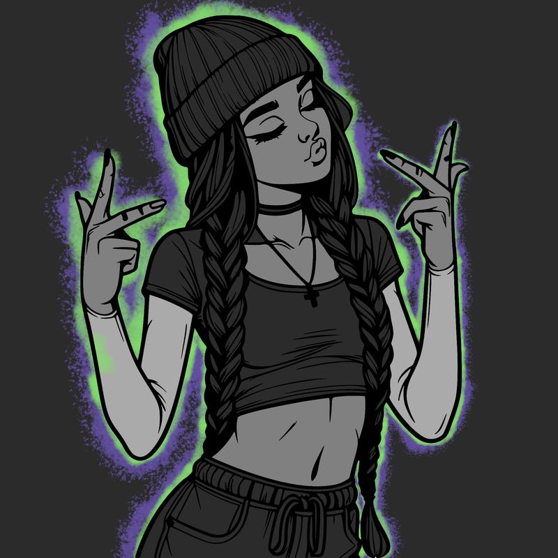 realistic teenage girl with braids and a beanie and crop top doing 🫶🏼
